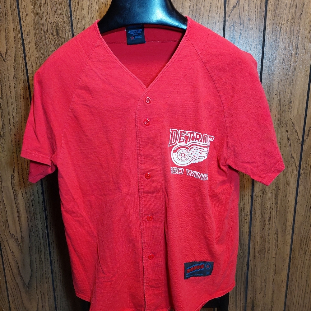 Detroit Red Wings Men's Red Baseball Jersey Vintage 80s 90s Soffe Medium Button